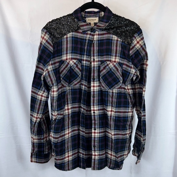 Express Shirt Western Boyfriend Flannel Plaid Sequin Button Down Long Sleeve Top - Picture 7 of 14